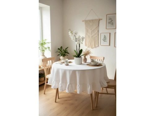 Premium Beyaz Keten Fırfırlı Yuvarlak Masa Örtüsü