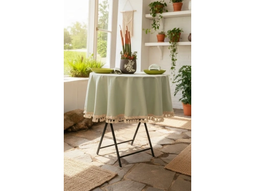 Premium Keten Adaçayı Yeşil YUVARLAK Ham Ponponlu Masa Örtüsü