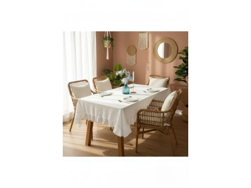 Premium Keten Beyaz Fırfırlı Masa Örtüsü