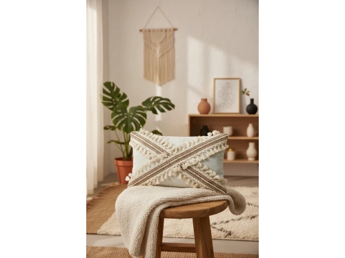 Ham Keten Krem Çapraz Kahve Dantelli Ponponlu Kırlent Kırlent Kılılfı (35 x 55)