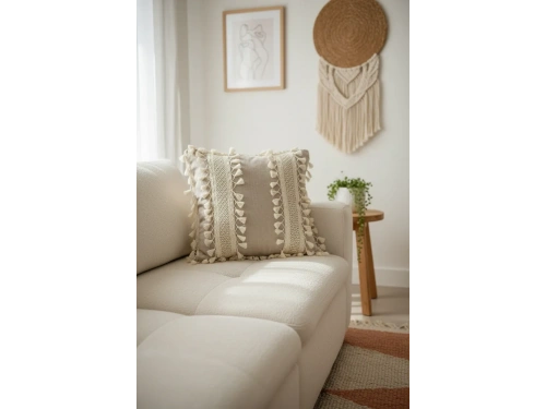 Bej Keten Kalın Dantel Ponponlu Kırlent Kırlent Kılıfı(43 X 43)