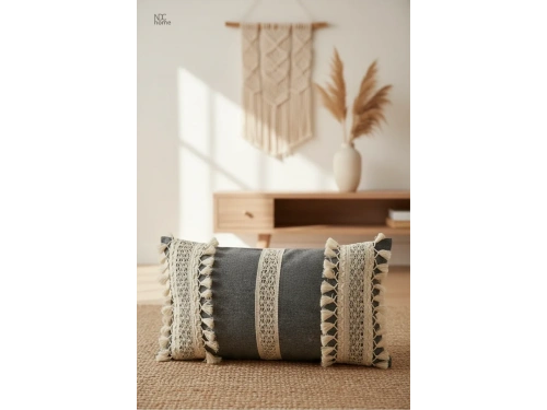 Keten Gri Antrasit Ham Dantel Kırlent Kırlent Kılıfı(35 x 55)