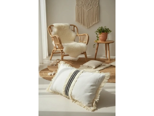 Keten Krem Siyah Şeritli Püsküllü Kırlent Kırlent Kılıfı(35 X 55 )