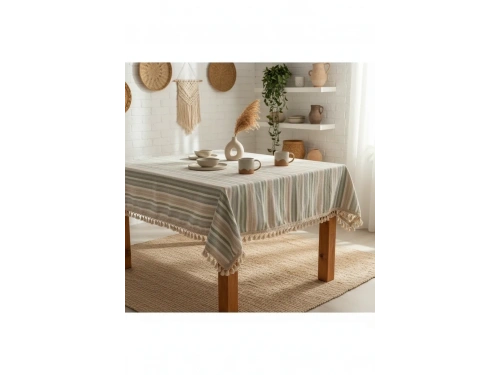 Buldan Dokuması Keten Renkli Çizgili Ponponlu Masa Örtüsü