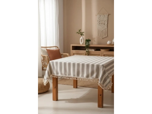 Buldan Dokuması Keten Kahverengi Çizgili Ponponlu Masa Örtüsü