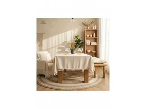 Buldan Dokuması Çizgili Krem Keten Ponponlu Masa Örtüsü