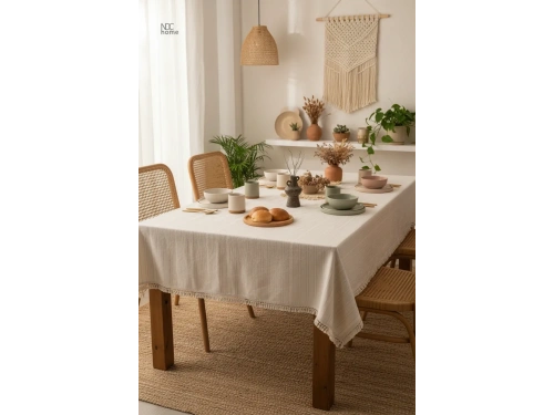 Buldan Dokuması Çizgili Krem Keten PASALI Masa Örtüsü