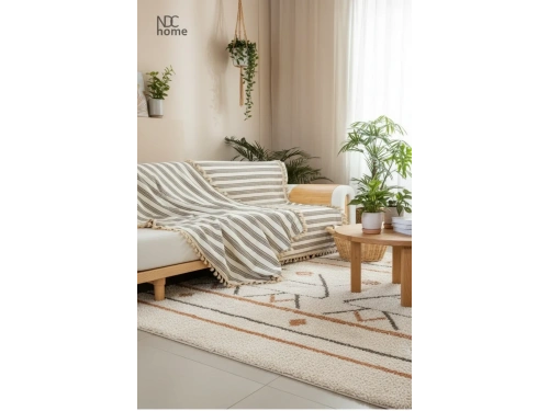 Premium Keten Kahverengi Çizgili Bej Ponponlu Koltuk Örtüsü (170 x 220)