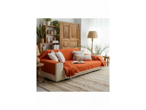 Premium Keten Tarçın KAHVERENGİ Ponponlu Koltuk Örtüsü (170 x 220)