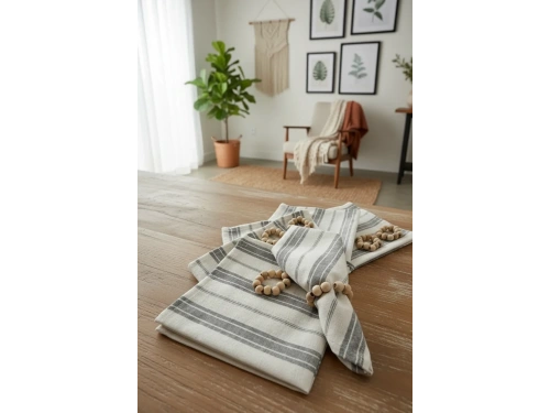 Gri Kalın Çizgili Keten 6lı Peçete Takımı (Toka Hediyeli)