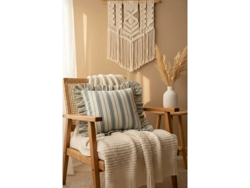 Premium Keten Gri Kalın Çizgili Fırfırlı KIrlent Kırlent Kılıfı (43 x 43 )