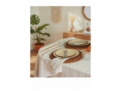 Keten Bej (DÜZ) Çizgili Masa Örtüsü