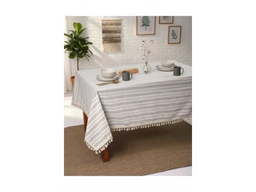Keten Gri Antrasit Çizgili Ponponlu Masa Örtüsü