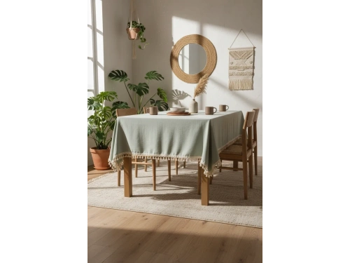 Premium Adaçayı Yeşili Ponponlu Masa Örtüsü