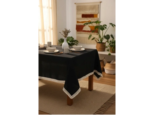 Premium Siyah Keten Pasalı Masa Örtüsü