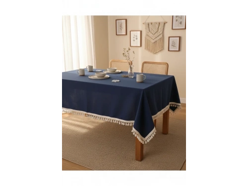 Premium Keten Lacivert Ponponlu Masa Örtüsü