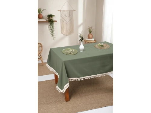 Premium Keten Haki Ponponlu Masa Örtüsü