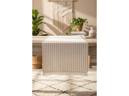 Keten Açık Kahve Çizgili Püsküllü Runer Masa Örtüsü (45 x 150)