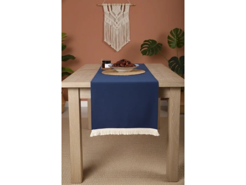Premium Keten Lacivert Püsküllü Runner Masa örtüsü(45 x 150)