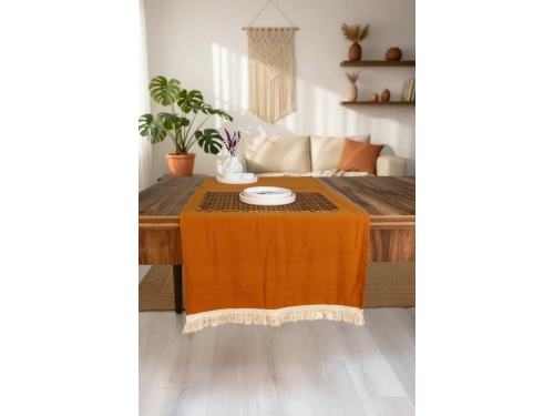 Tarçın (Kiremit) Renk Keten Püsküllü Runner