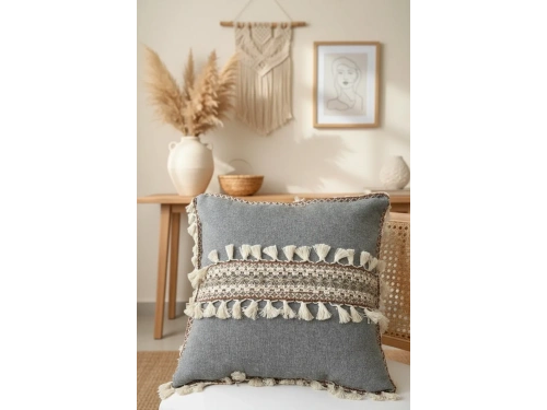 Antrasit Şeritli Ponponlu Kırlent Kırlent Kılıfı(43x43)