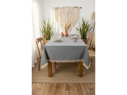 Premium Keten Füme Renk Kahverengi Şeritli Ponponlu Masa Örtüsü