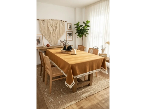 Kiremit Tarçın Renk Keten Ham Ponponlu Masa Örtüsü