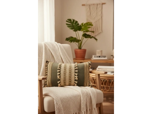 Gri Keten Üçlü Kahverengi Dantelli Kırlent Kırlent Kılıfı