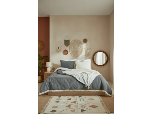 Çift Renkli Püsküllü (Antrasit - Krem) Keten Tek Kişilik Nevresim Takımı