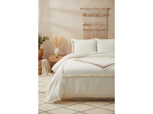 Beyaz Pamuk Keten Renkli Püsküllü Tek Kişilik Nevresim Takımı