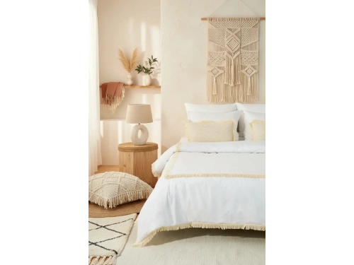 Beyaz Pamuk Keten Kare Püsküllü Çift Kişilik Nevresim Takımı