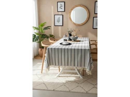 Gri Çizgili HAM Ponponlu Masa Örtüsü
