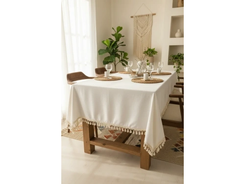 Beyaz Keten Ham Ponponlu Masa Örtüsü