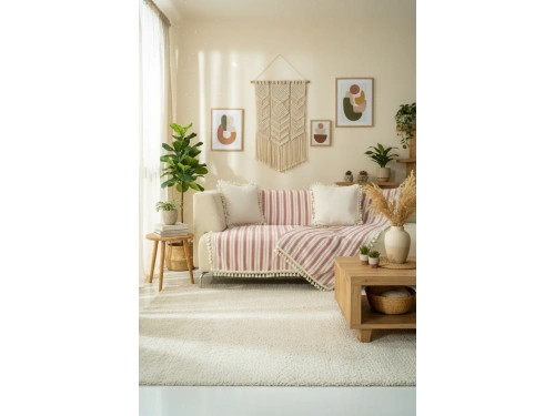 Bordo Çizgili Ham Ponponlu Otantik Koltuk Örtüsü Koltuk Şalı