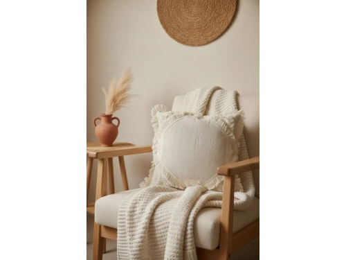 Ham Keten Baklava Mozaik Püsküllü Kırlent Kırlent Kılıfı 35x55