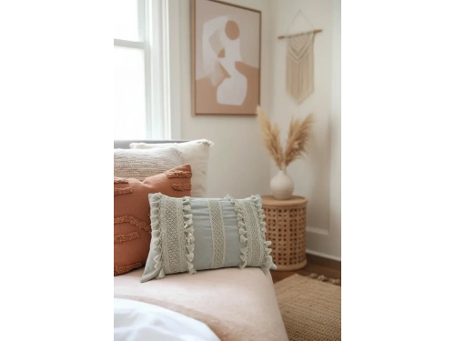 Ham Keten Üç Dantelli Ponponlu Kırlent Kırlent Kılıfı