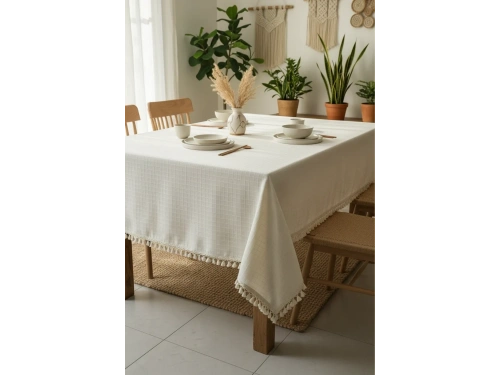 DESENLİ Krem Ponponlu Masa Örtüsü
