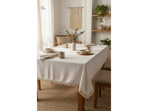 Organik Ham Keten Krem PASALI SAÇAKLI Masa Örtüsü