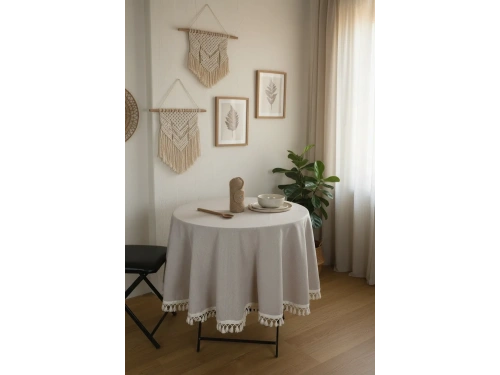 Bej Ham Ponponlu YUVARLAK Masa Örtüsü