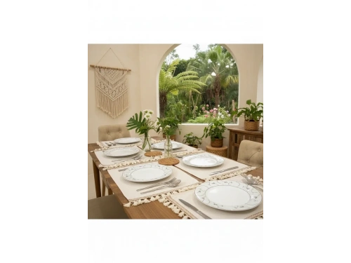 8Lİ KETEN KAHVERENGİ ŞERİTLİ AMERİKAN SERVİS SETİ [35X55]