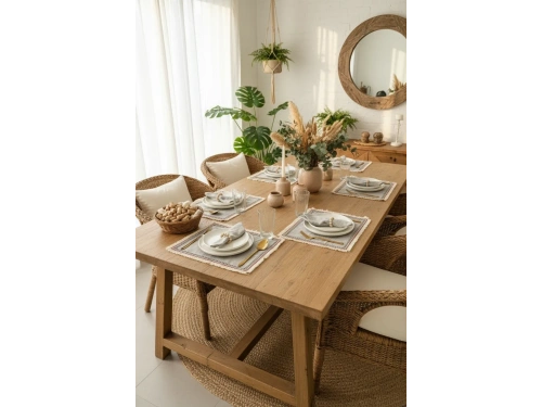 6LI Gri Keten Mini Püsküllü [Ahşap Toka Hediyeli] Peçete Takımı