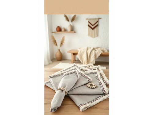 6LI Bej Keten Püsküllü (AHŞAP TOKA HEDİYELİ) Peçete takımı