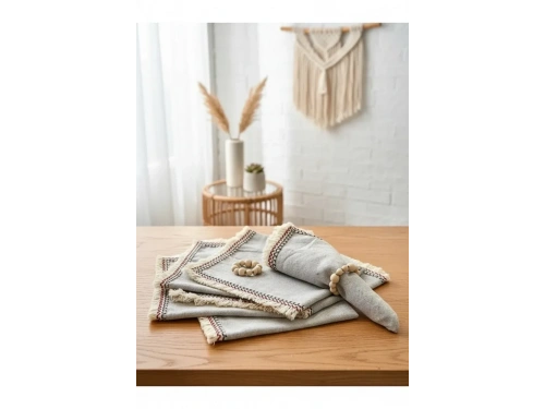 6LI Mini Püsküllü Ham Keten Peçete Takımı (AHŞAP TOKA HEDİYELİ)