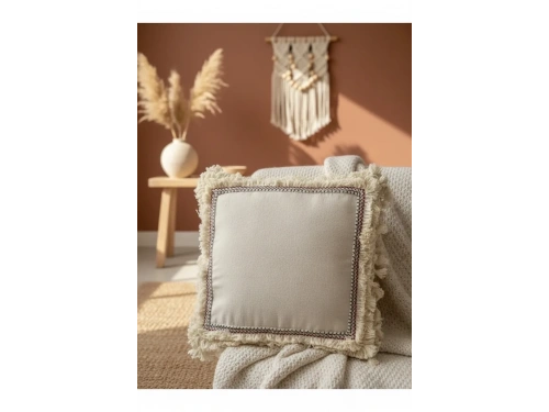 Dört Kenar Püsküllü Keten Krem Kırlent Kırlent Kılıfı43x43][