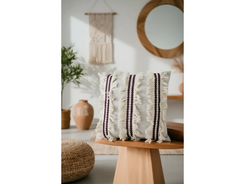 3Püsküllü Ara Desenli Keten Krem Kırlent Kırlent Kılıfı