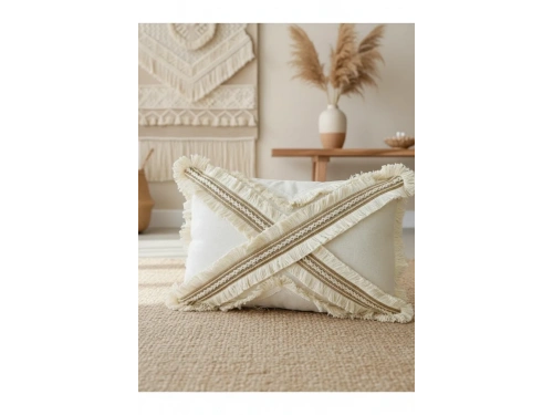 Çapraz Çoklu Püsküllü Keten Krem Kırlent Kırlent Kılıfı (35 x 55)
