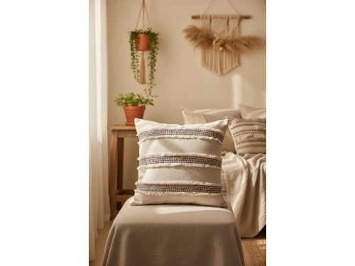 Mini Çift Püsküllü Keten Krem Kırlent Kırlent Kılıfı (43 x 43)