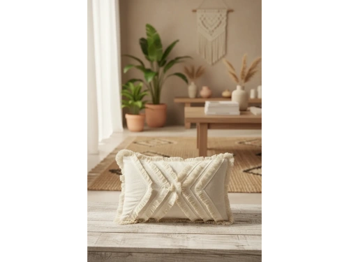 Çoklu Püsküllü Krem Keten Kırlent Kırlent Kılıfı (35 x 55)