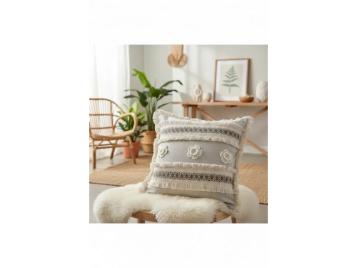 Kalın Dantel Püsküllü ve Motifli Keten Krem Kırlent Kırlent Kılıfı (43 x 43)