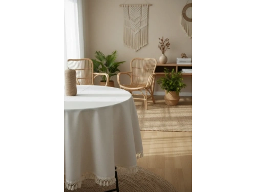 Beyaz Pamuk Keten Yuvarlak Ham Ponponlu Masa Örtüsü